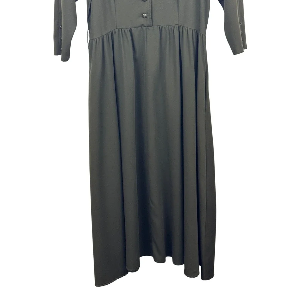 Vintage 80s Olive Green Midi Dress Prairie Cottagecore Dark Academia USA 13/14 - Picture 5 of 11